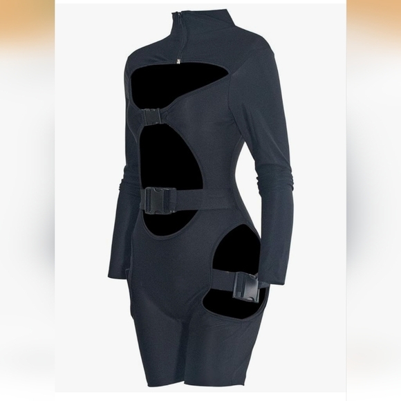 Halloween Costume Black Romper Long Sleeve bodycon Bodysuit Goth Jumpsuit Sexy - Picture 3 of 14